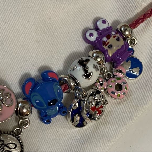 Pandora Pink Leather Bracelet Wrap Twice /Necklace Disney Cartoon Figure Charms - Picture 9 of 12
